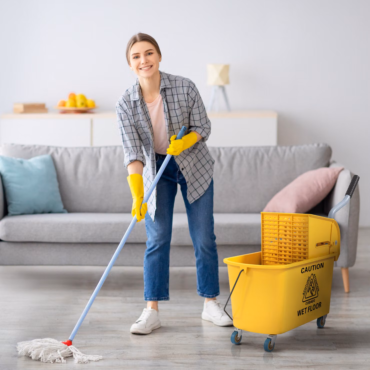 Secchio Lavapavimenti Professionale HOMCOM con Mocio, Strizzatore e Ruote, Giallo, L/P/H: 45 x 26.5 x 70 cm – 2