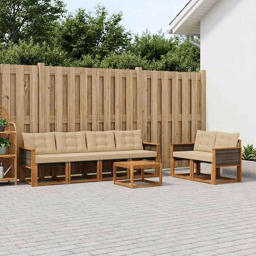 Set di divani da esterno vidaXL 7 pezzi in legno di acacia e textilene, colore beige e naturale, con cuscini e tavolino da giardino