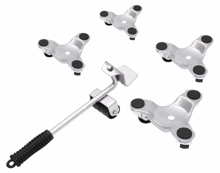 Set per il trasporto di mobili - Set di 4 rulli per mobili - Ruote universali rotanti a 360° - Con leva e protezioni antiscivolo - Capacità di carico: 200 kg - Acciaio al carbonio e PP - Argento