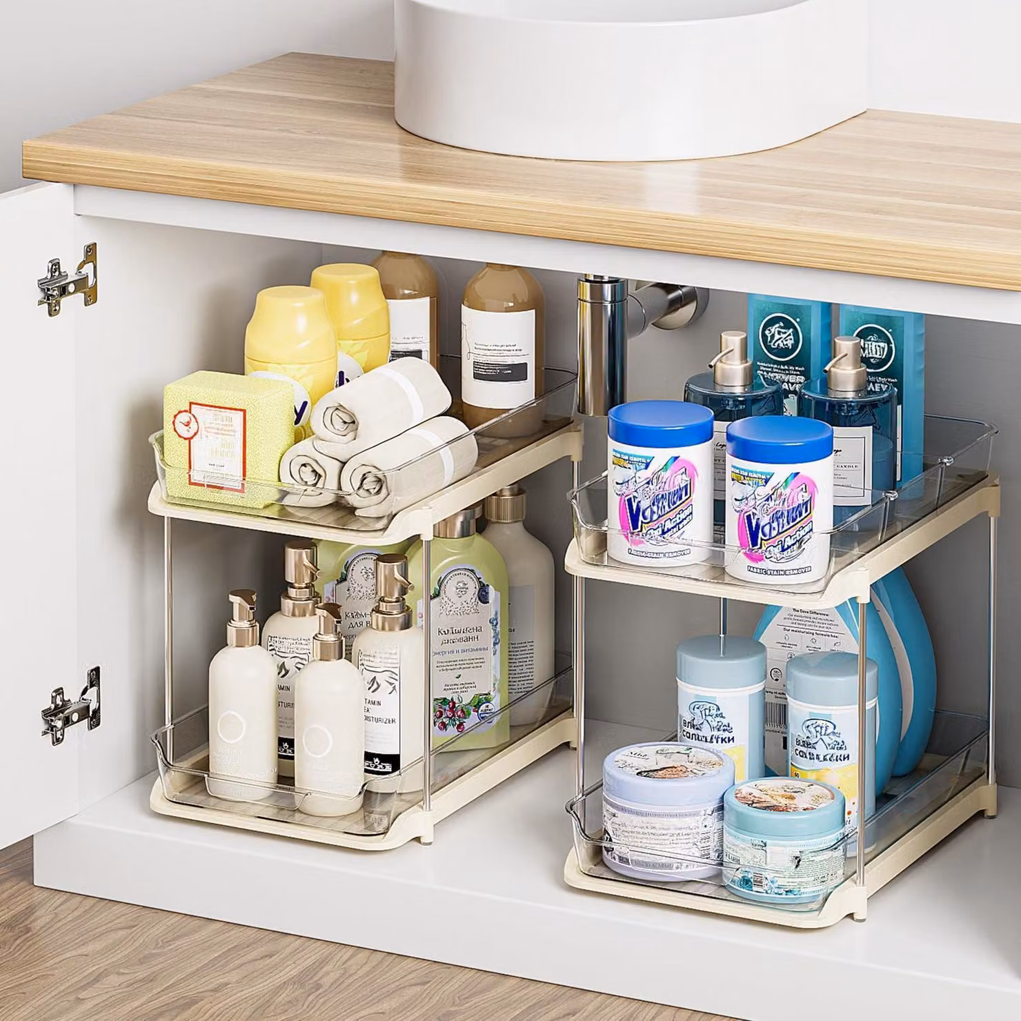 Organizzatore per armadietti da cucina, 2 ripiani, beige, estraibile, in acrilico e alluminio