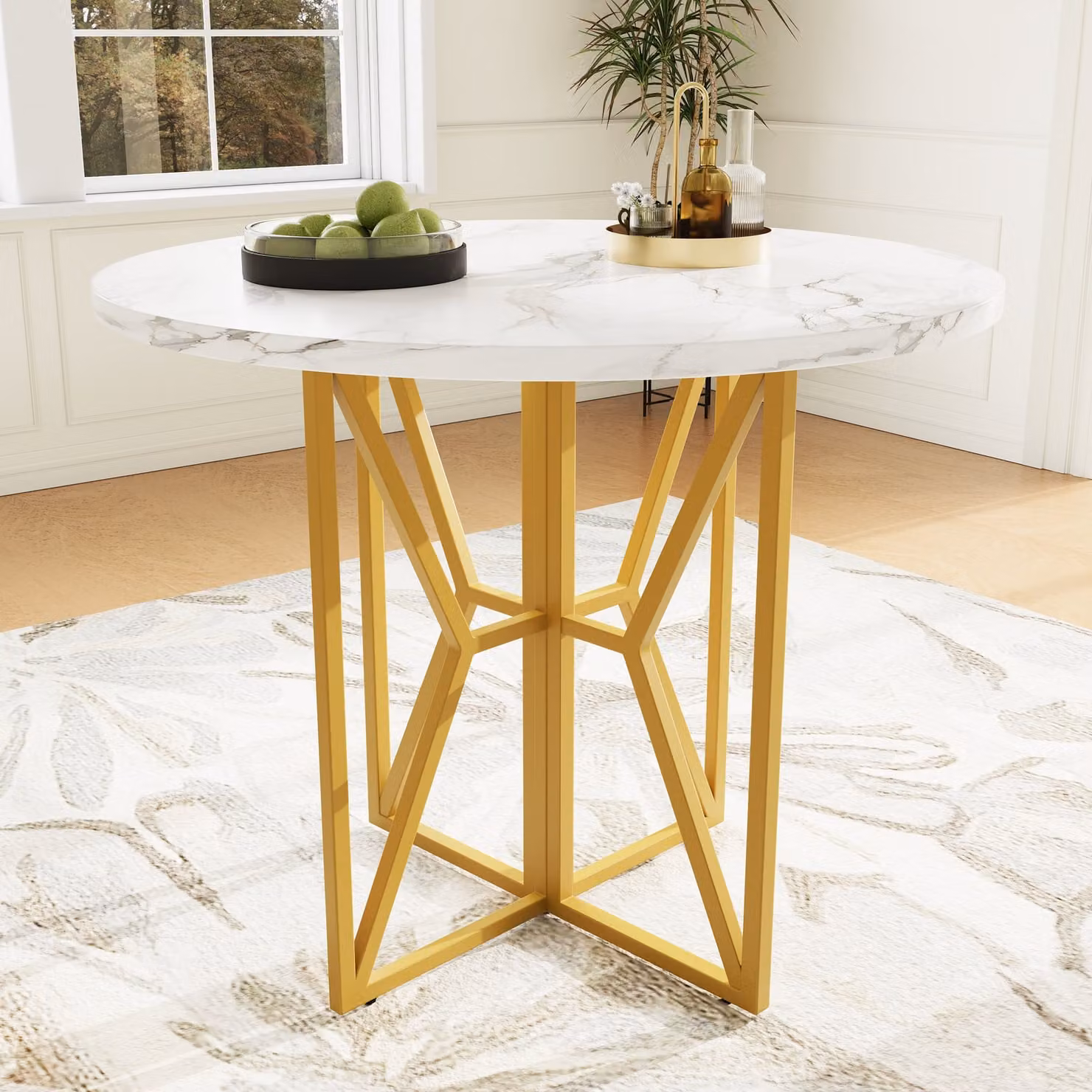 okwish Runder Esstisch, tavolo da pranzo per 4-6 persone, piano in marmo MDF, gambe dorate, oro e bianco