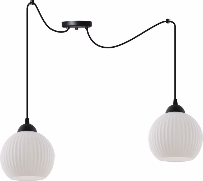 Lampada a sospensione Spider Riffle nera a 2 luci con paralumi a sfera bianchi E27