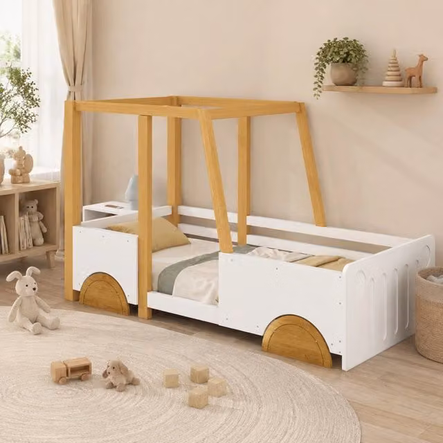 Autobett per bambini 90x200 cm in legno massello; bianco e naturale