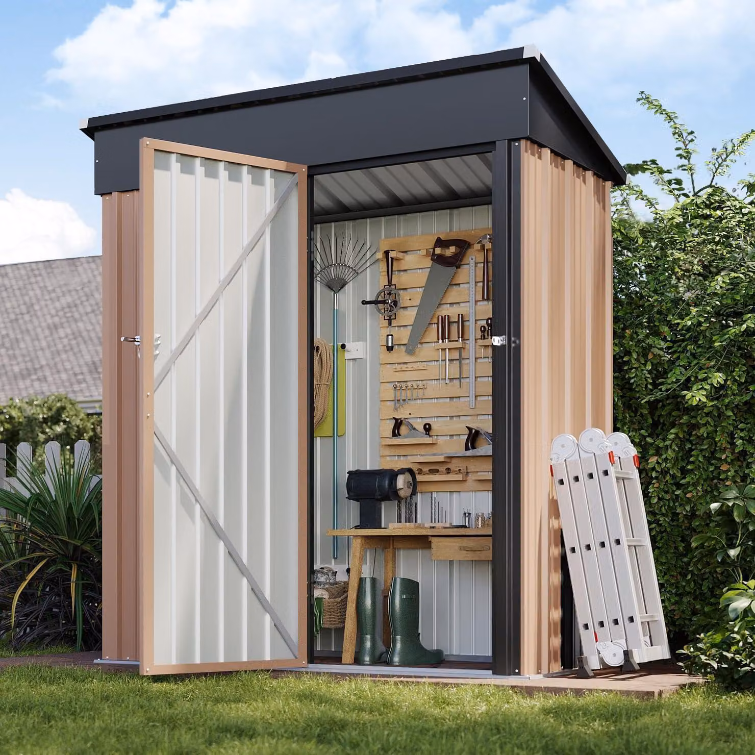 Capanno da giardino in metallo, dimensioni 1,5 x 0,9 metri, colore marrone, zincato, impermeabile, con serratura e tetto inclinato