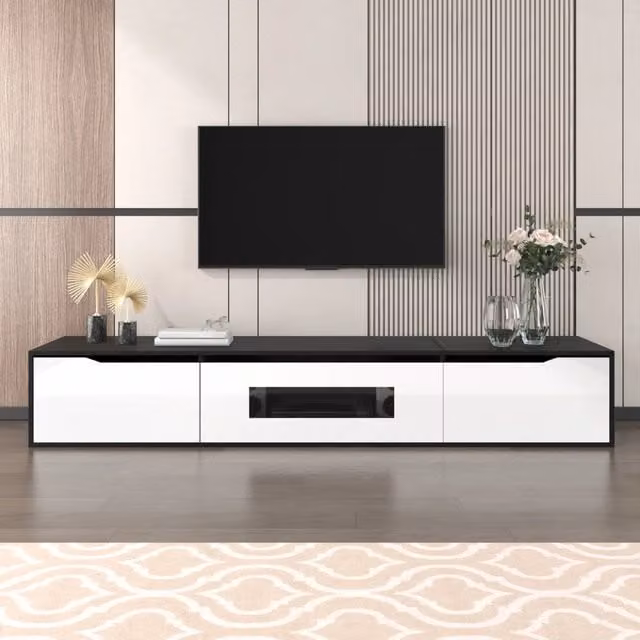 Mobile TV REDOM moderno in MDF nero e bianco lucido con illuminazione LED integrata e USB, da parete o da pavimento, L: 180 cm, P: 35 cm, H: 30 cm