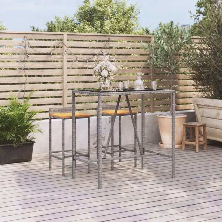 vidaXL Tavolo da Bar Moderno in Polyrattan con Piano in Vetro Grigio e Nero L: 110 cm, P: 70 cm, H: 110 cm