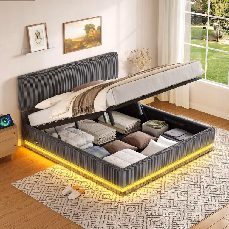 LVHOM Letto imbottito 140x200 cm con contenitore, letto matrimoniale in velluto a coste con rete a doghe, LED e USB-C, letto idraulico per ragazzi con testiera regolabile, grigio