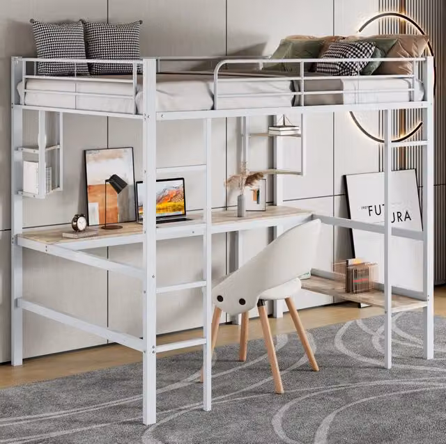 Letto a soppalco 90x200 cm con scrivania e libreria in metallo e MDF; bianco