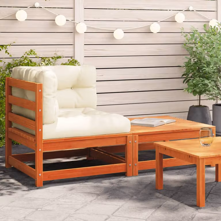 vidaXL Divano Angolare da Giardino in Legno di Pino con Cuscini e Poggiapiedi, Marrone e Beige