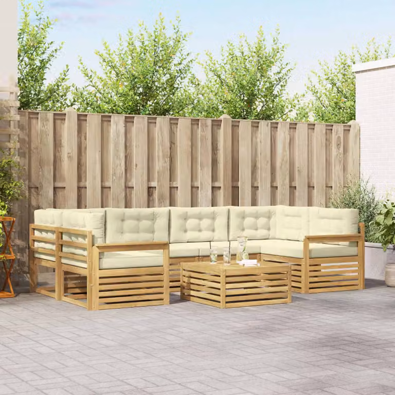 Set di divani da esterno vidaXL a forma di U composto da 7 pezzi in legno di acacia con cuscini bianchi e beige