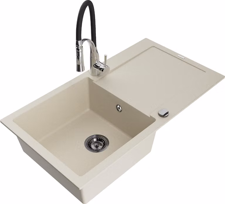 Mexen Leo lavello in granito 1-vasca con sgocciolatoio e rubinetto da cucina Aster, beige - 6501-69-73450-07-B