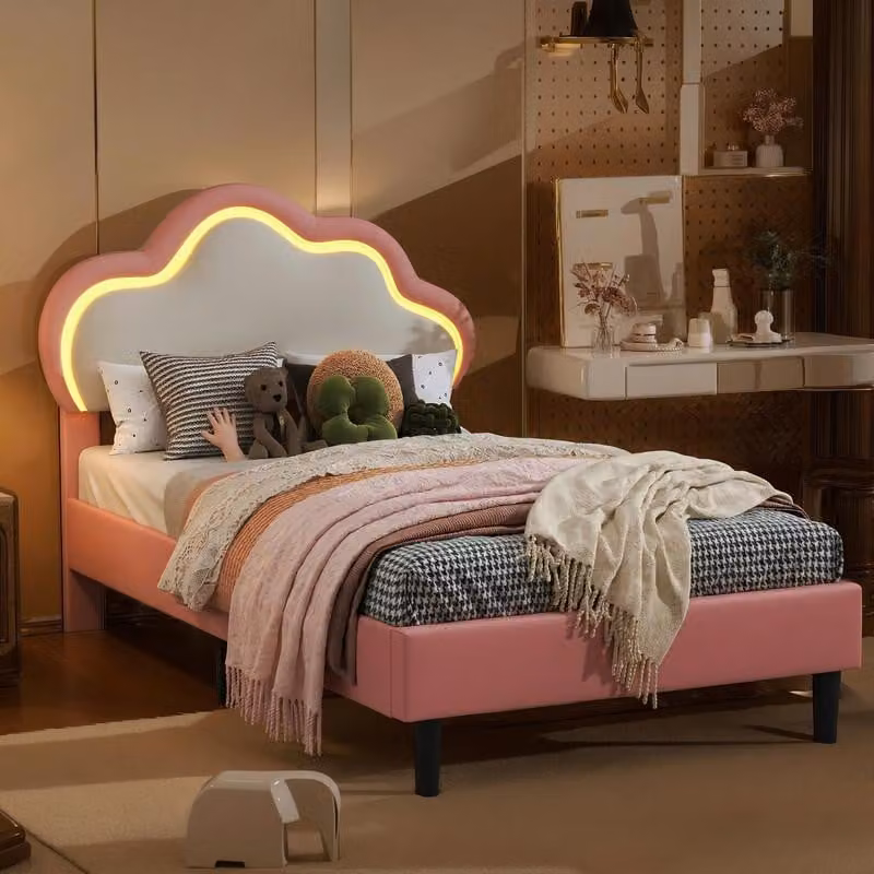 Letto imbottito ProximaX per bambini 90x200 cm, letto per bambine con motivo a nuvole, LED RGB, regolabile in altezza, delicato sulla pelle, stabile, sicuro, rosa