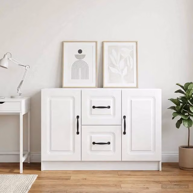 Credenza moderna vidaXL in bianco lucido con finitura in MDF e metallo L/P/H: 89 x 34,5 x 57 cm