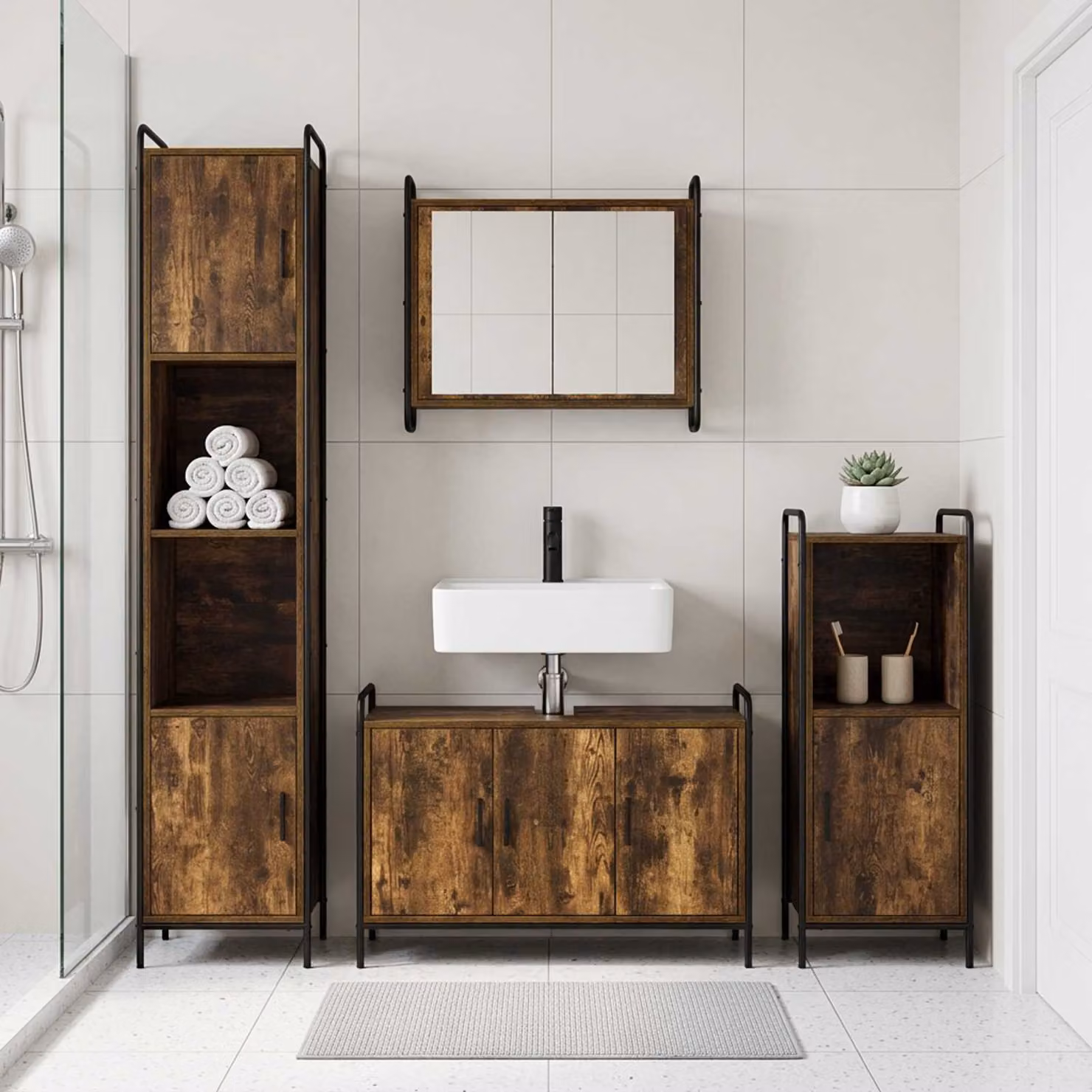 vidaXL Set di Armadi da Bagno 4 pz Rovere Fumo 40 x 36 x 181 cm