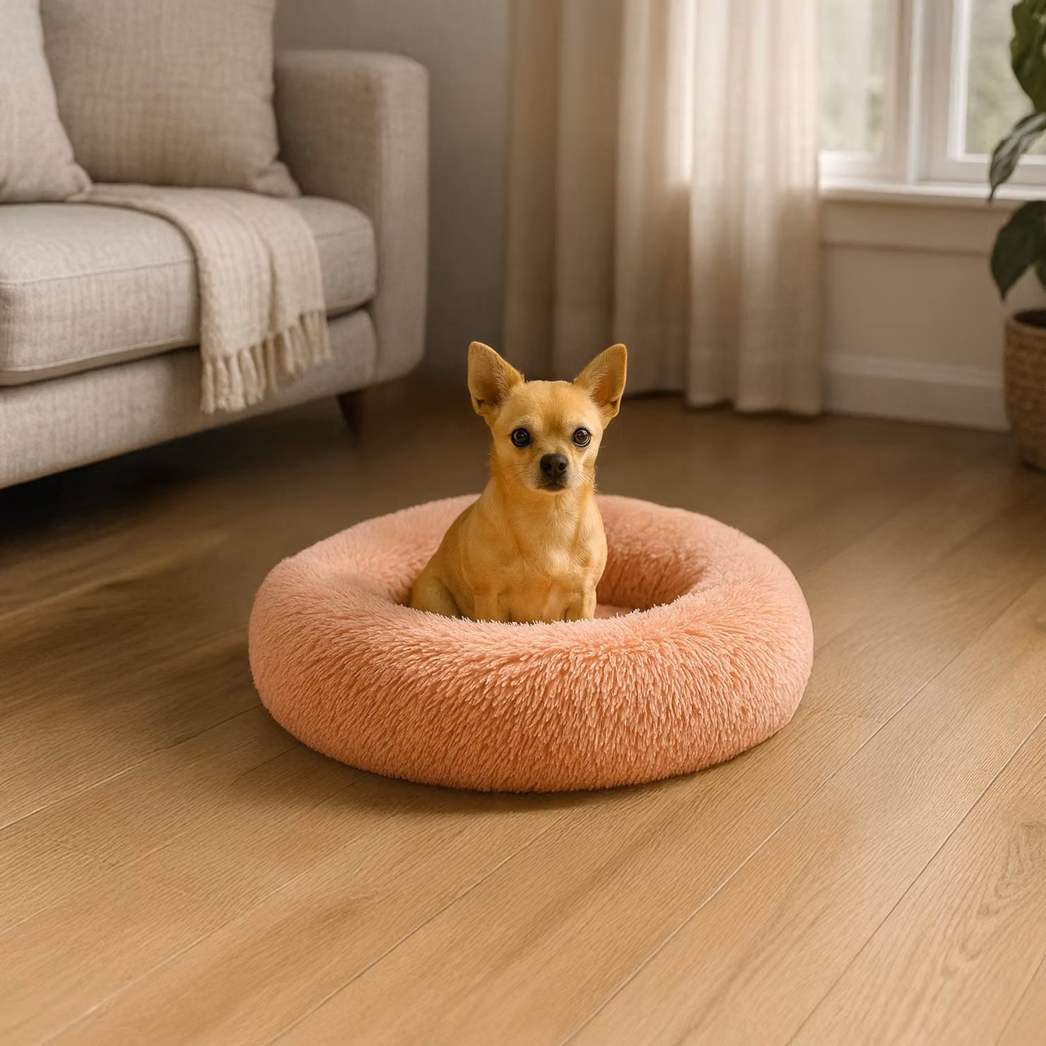 belviona donut dog bed, accogliente letto in peluche con morbida imbottitura, presa sicura e bordo ergonomico, diametro 40 cm, rosa scuro