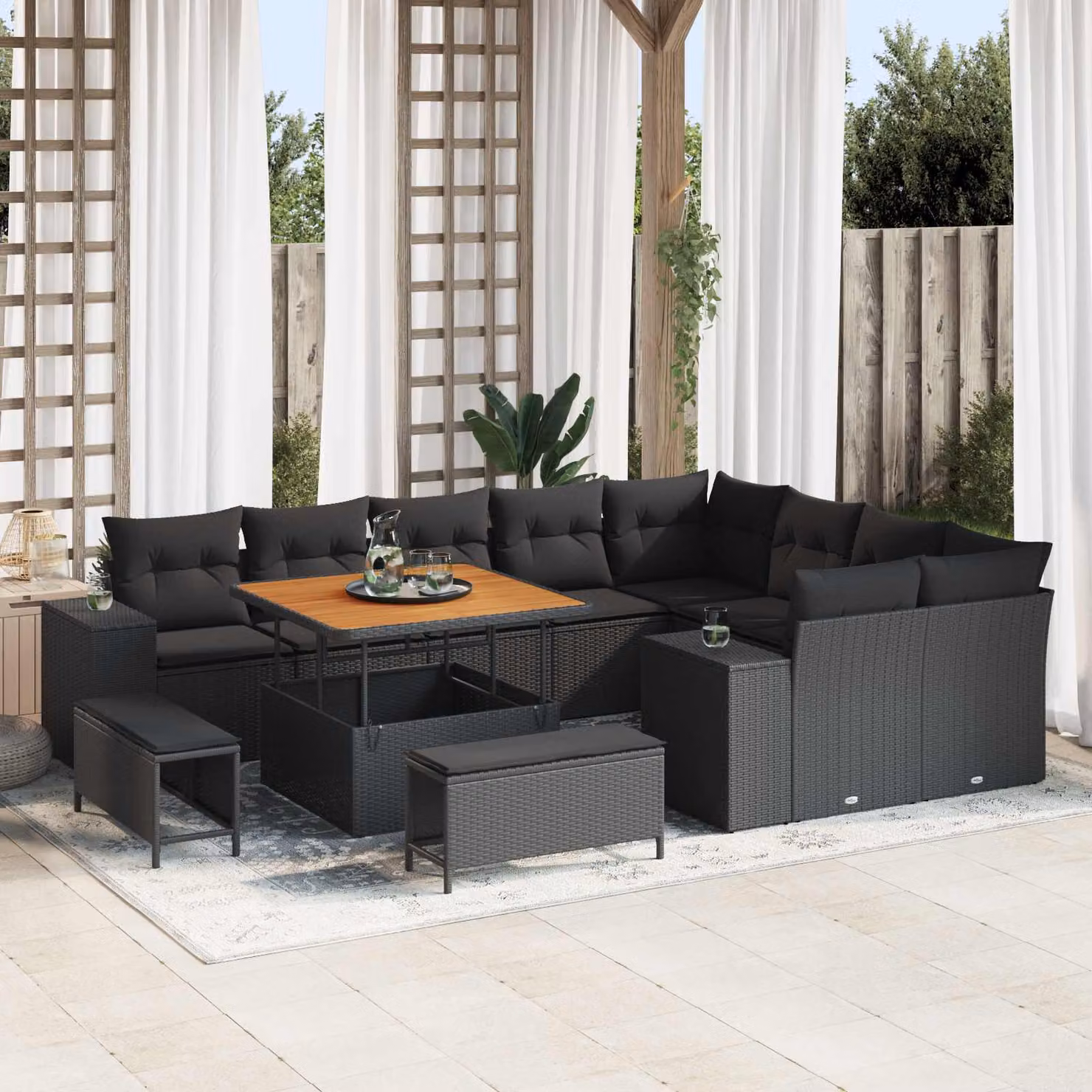 Set Divano da Giardino vidaXL 12 Pezzi Moderno in Polyrattan Nero con Cuscini e Tavolino da Esterno – 1