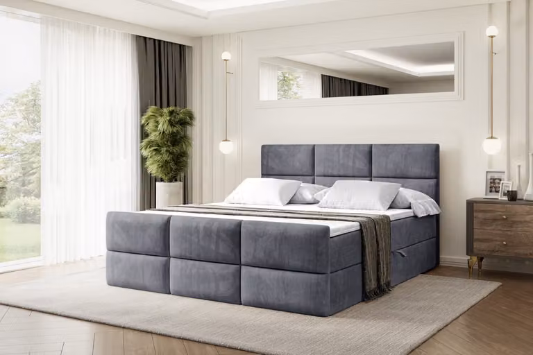 Letto boxspring ALTDECOR con pediera, materasso H3 e topper - 160x200 cm - OHIO-Z - Velluto grigio scuro - Letto imbottito con contenitore e rete a doghe, letto con spazio contenitivo
