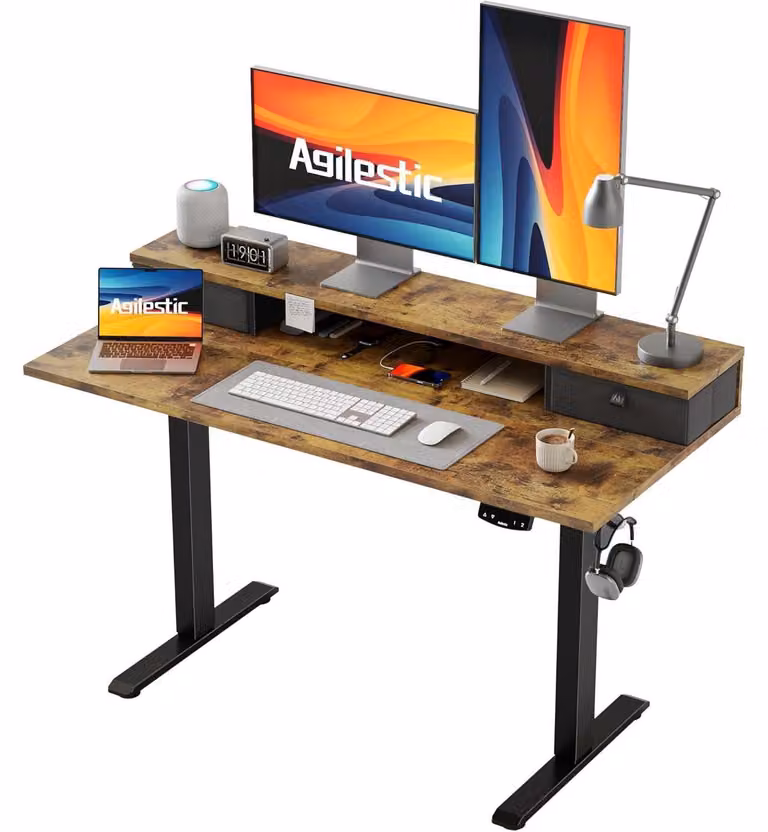 Scrivania regolabile in altezza con 2 cassetti, dimensioni 120 x 60 cm, colore marrone, con sistema di regolazione elettrico, design ergonomico