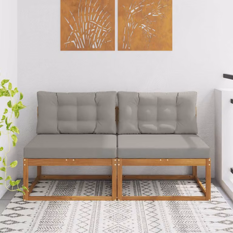 Set di 2 divani centrali da esterno vidaXL in legno di acacia con cuscini in schiuma, colore marrone e grigio