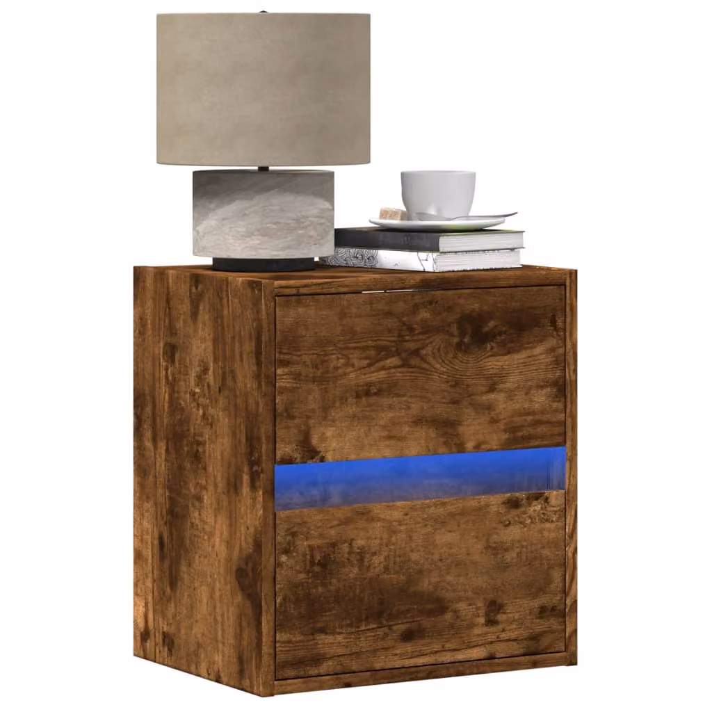 vidaXL Comodino a Parete con Luci LED integrate in Rovere Fumo e MDF Marrone