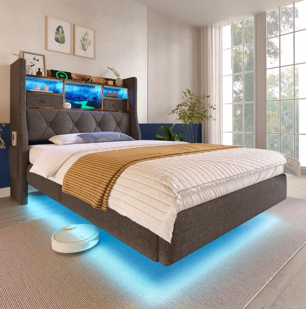 Letto imbottito moderno in lino grigio con illuminazione LED, testiera con portaoggetti e porte USB e Type-C, L/P: 90 x 200 cm – 2