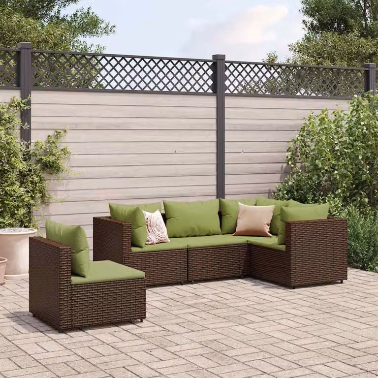 Set di Divani da Giardino vidaXL 5 pz a Forma a L con Cuscini Marrone e Verde in Polyrattan e Metallo