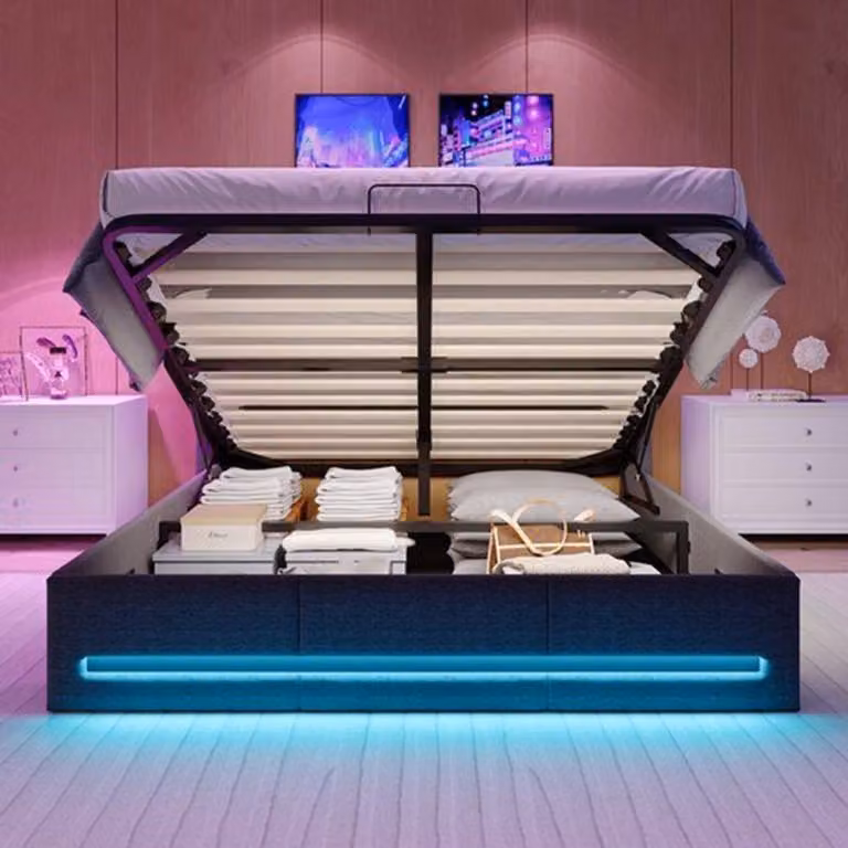 Letto matrimoniale imbottito 140/160x200 cm con contenitore e testiera LED con prese USB