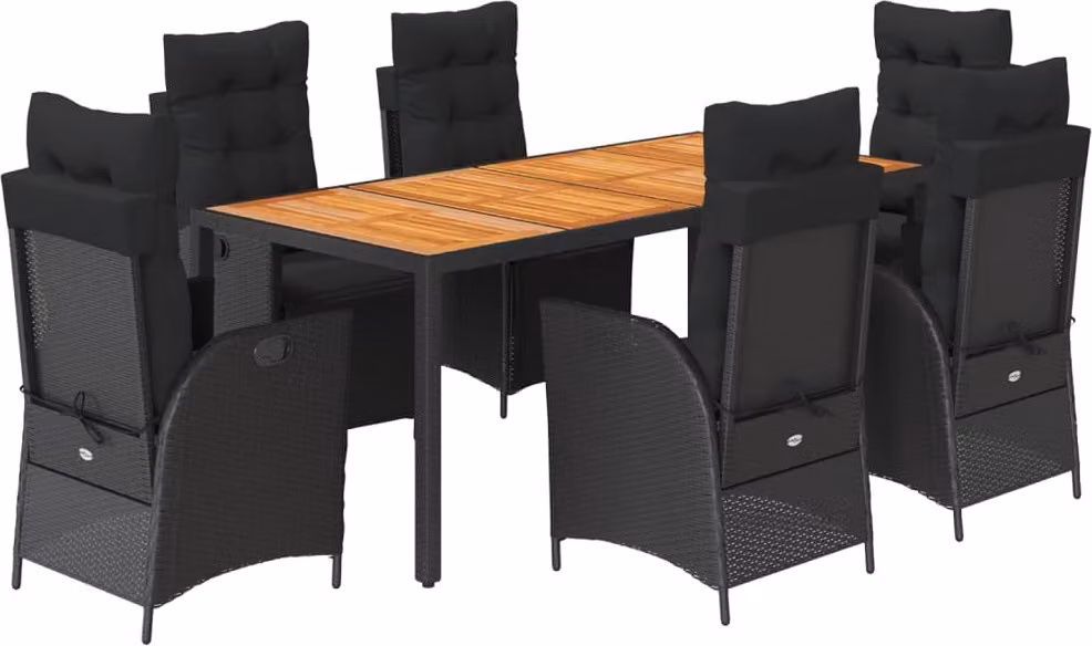 Set da Pranzo da Giardino 7 pz Nero con Cuscini in Polyrattan