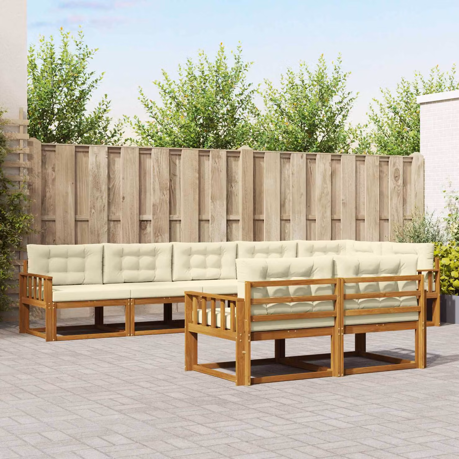 Set di divani da esterno vidaXL 8 pz in legno di acacia con cuscini beige e bianco per giardino e terrazza