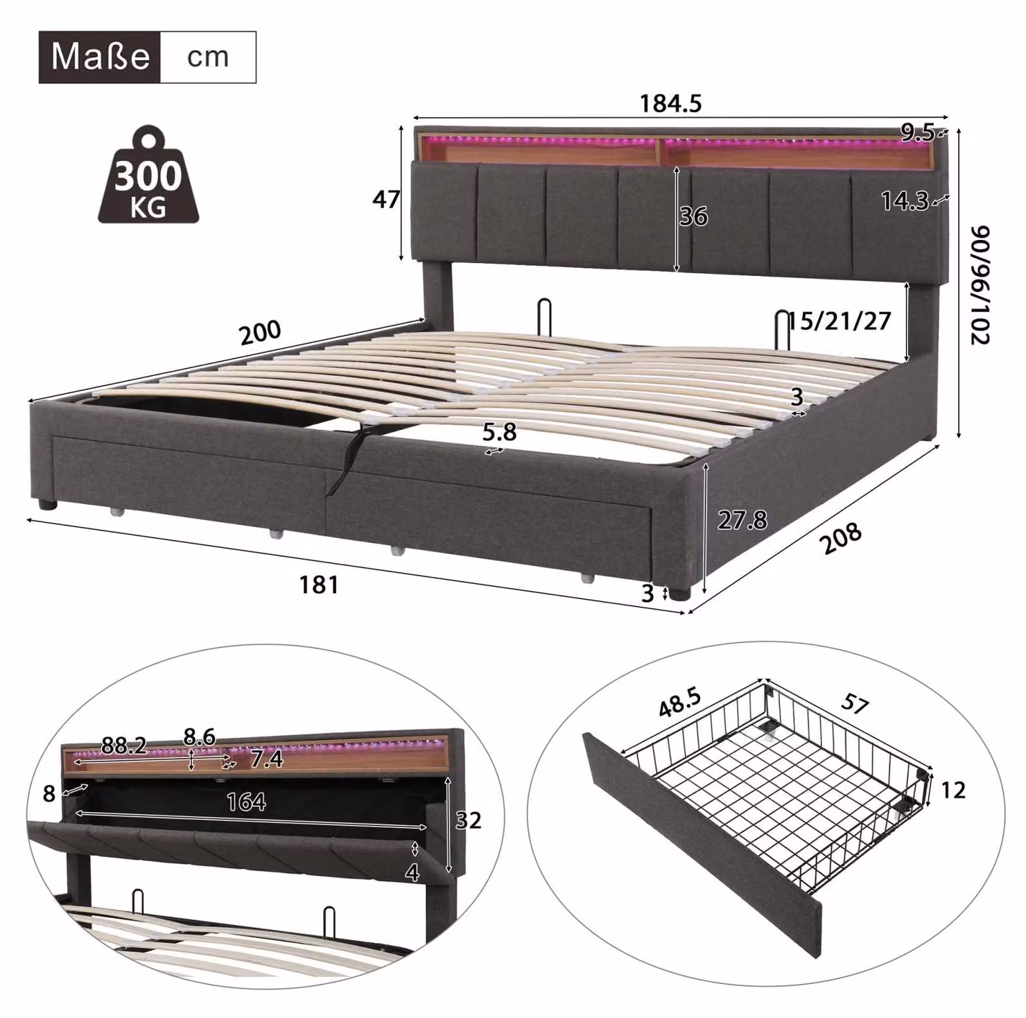 Letto matrimoniale 180x200 cm - Letto imbottito con spazio contenitore - Contenitore a sollevamento idraulico - 2 cassetti - Illuminazione LED - Tessuto di lino grigio