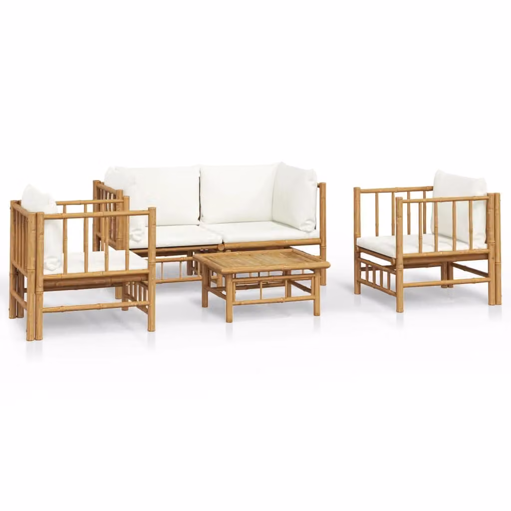 Set Salotto da Giardino 5pz con Cuscini Bianco Crema in Bambù