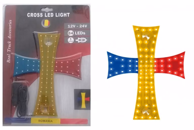 Croce luminosa a LED blu-giallo-rosso con bandiera della Romania, 84 LED, 12 V/24 V, 245 x 200 mm