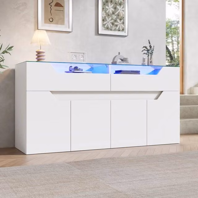Sideboard in MDF bianco 140x40x70 cm con piano in vetro temperato e 2 cassetti, portata 30 kg, per soggiorno e sala da pranzo