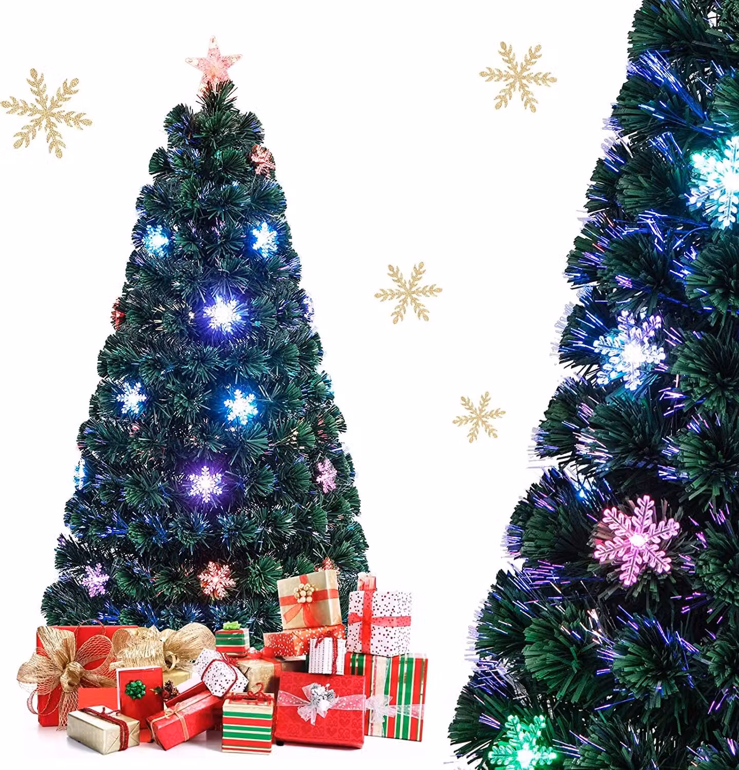 COSTWAY Albero di Natale artificiale a LED da 150 cm con cambiacolori a fibre ottiche e cima a stella, abete 170 aghi in PVC, albero di Natale ideale per casa, ufficio, negozi e hotel, verde