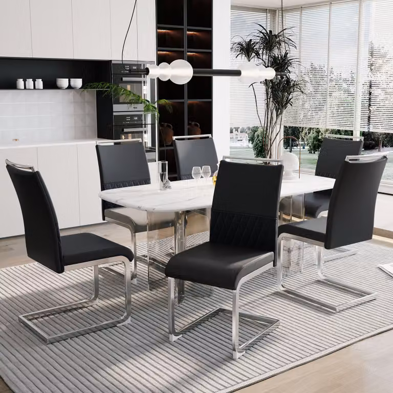 Sedie per sala da pranzo Flieks, set di 6 sedie imbottite, sedia da ufficio a sbalzo con schienale, sedia da cucina con rivestimento in ecopelle, nero