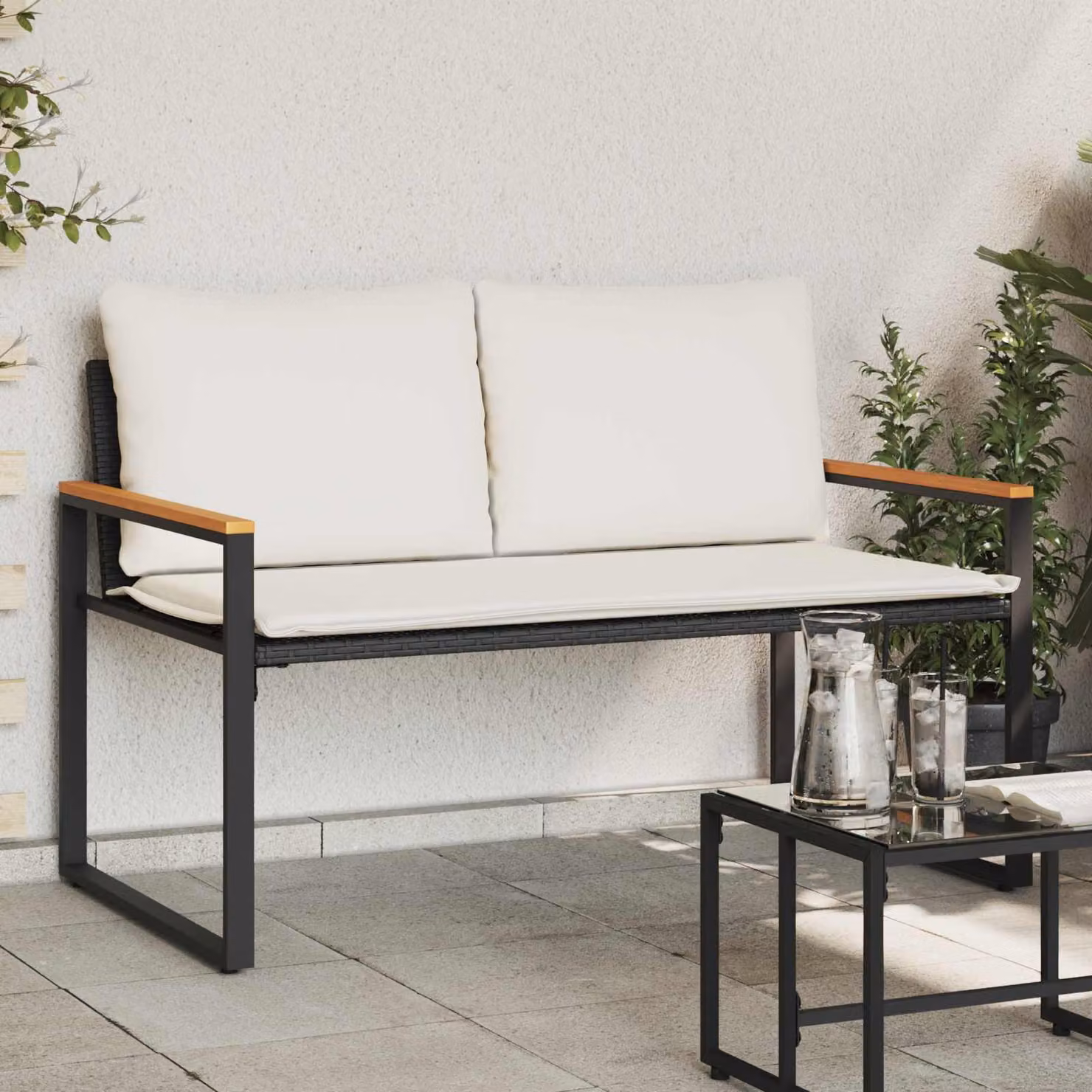 Panchina moderna vidaXL in rattan e legno di acacia con braccioli, Nero e Bianco, L 115 x P 65 x H 72 cm