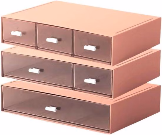 Organizer da ufficio a tre ripiani con 6 cassetti, organizer per trucchi, contenitore impilabile e organizer in plastica per documenti e cosmetici (rosa).