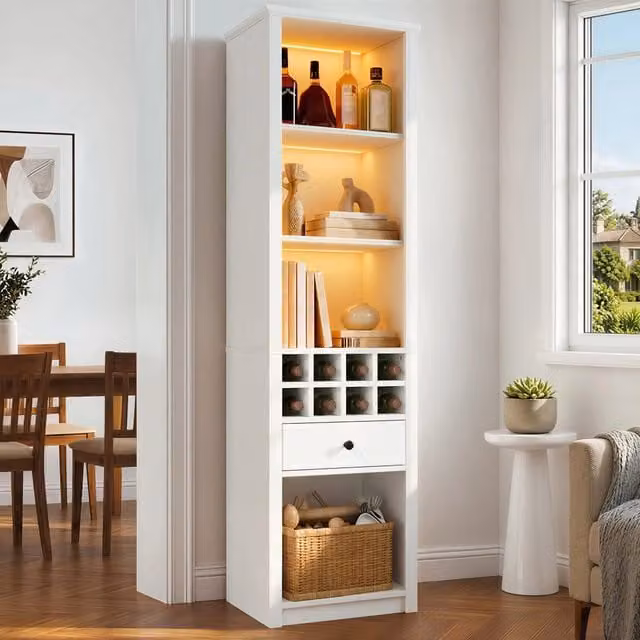 Vetrina 55x40x200 cm bianca con illuminazione LED, 1 cassetto e 12 scomparti. Mobile alto per libri, collezioni e vino. Per soggiorno, cucina, sala da pranzo e ufficio