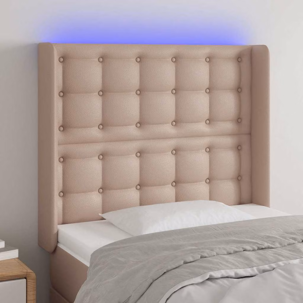 Testiera per letto vidaXL in similpelle beige con illuminazione LED e porta di ricarica USB, L/P/H: 93 x 16 x 118/128 cm