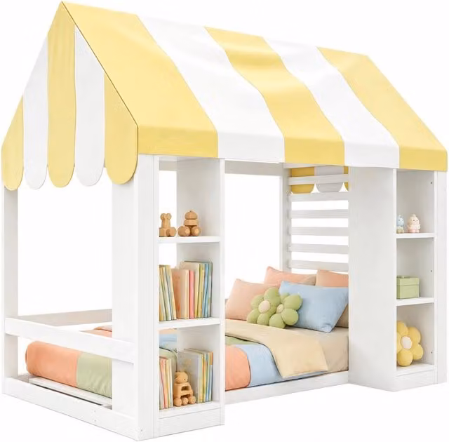 Letto singolo per bambini con baldacchino e 2 vani aperti in legno e metallo bianco L/P/H: 200 x 90 x 188 cm