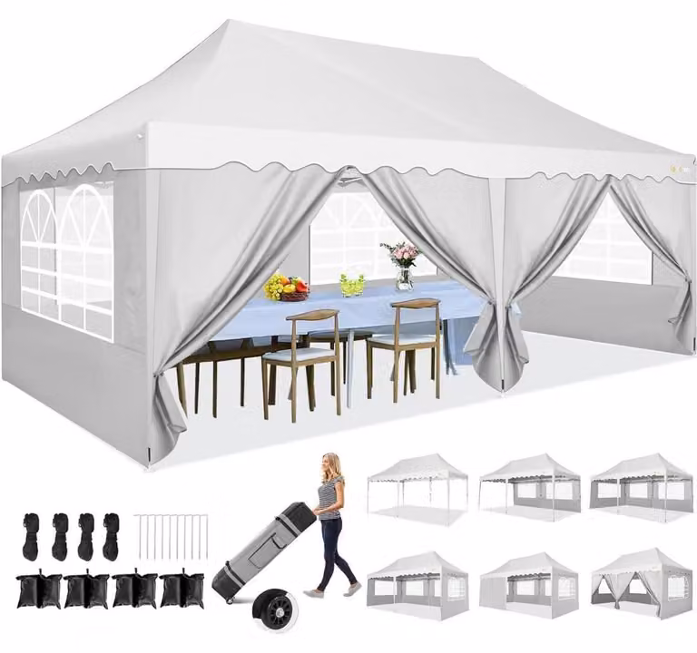 Gazebo da esterno 3x6 metri, impermeabile, con protezione UV 50+, dotato di 6 pareti laterali, borsa per il trasporto, sacchi di sabbia e di colore bianco