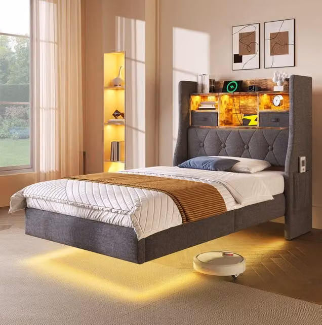 Letto imbottito moderno in lino grigio con illuminazione LED, testiera con portaoggetti e porte USB e Type-C, L/P: 90 x 200 cm