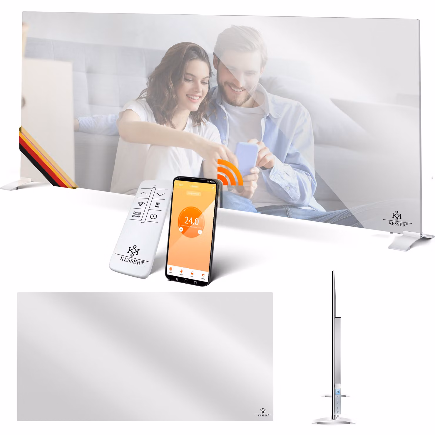 KESSER® Riscaldatore a infrarossi, specchio riscaldante, sistema 2in1 a risparmio energetico. Riscaldatore elettrico da pavimento o da parete, con sensore di finestre aperte, telecomando e controllo tramite app. Pannello riscaldante a infrarossi con termo