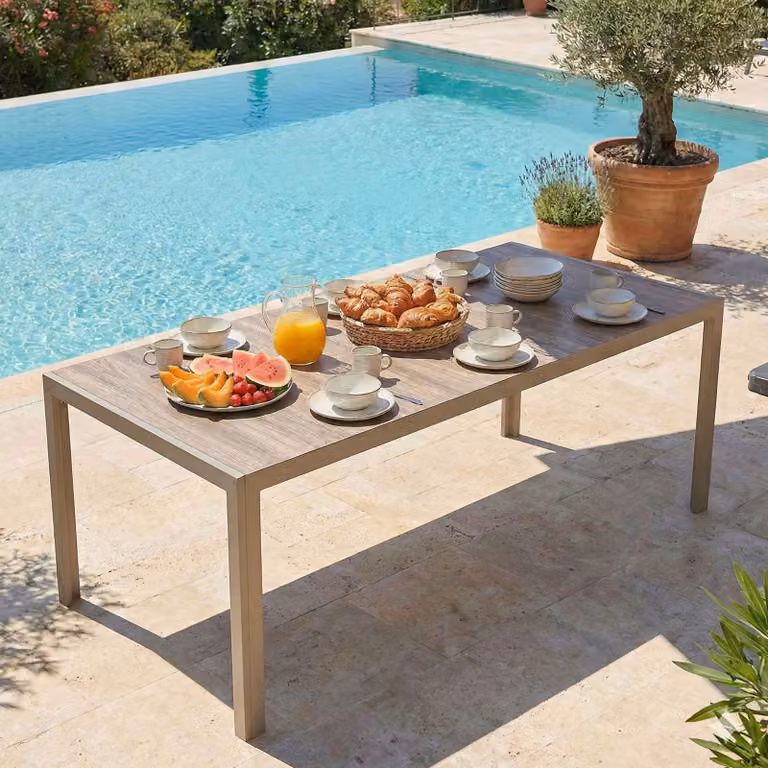 Tavolo da giardino in alluminio e Vetroceramica effetto legno 206 cm crema - Oviala Tivoli
