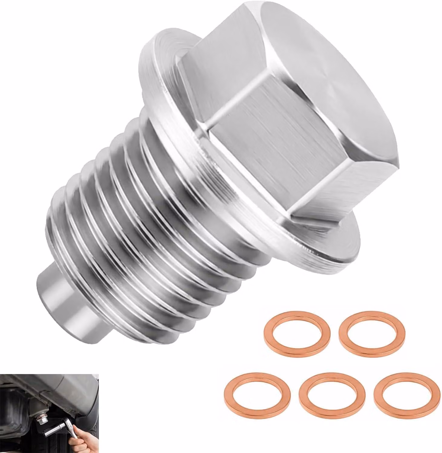 Tappo di scarico magnetico M14 x 1,5, con anello in rame e magnete al neodimio, per olio motore