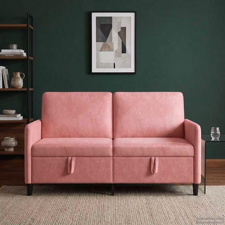 Divano moderno vidaXL con contenitore a scomparsa, rivestimento in tessuto rosa e nero, L: 152 cm, P: 78 cm, H: 87 cm