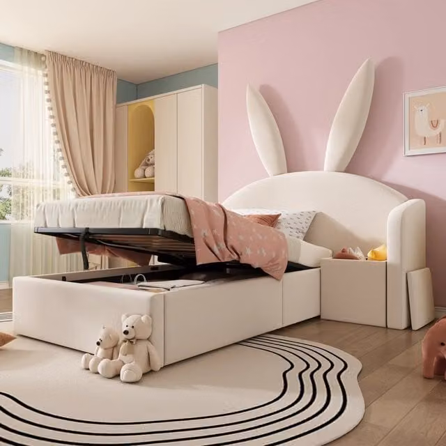 Letto per bambini REDOM in velluto beige con contenitore, L/P/H: 90 x 190 x 48,7 cm