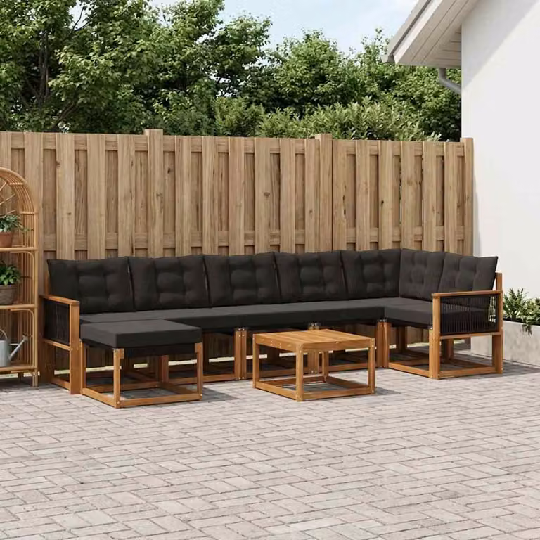 Set di divani da esterno vidaXL 8 pz in legno di acacia con tavolo da caffè e pouf, colore marrone e nero