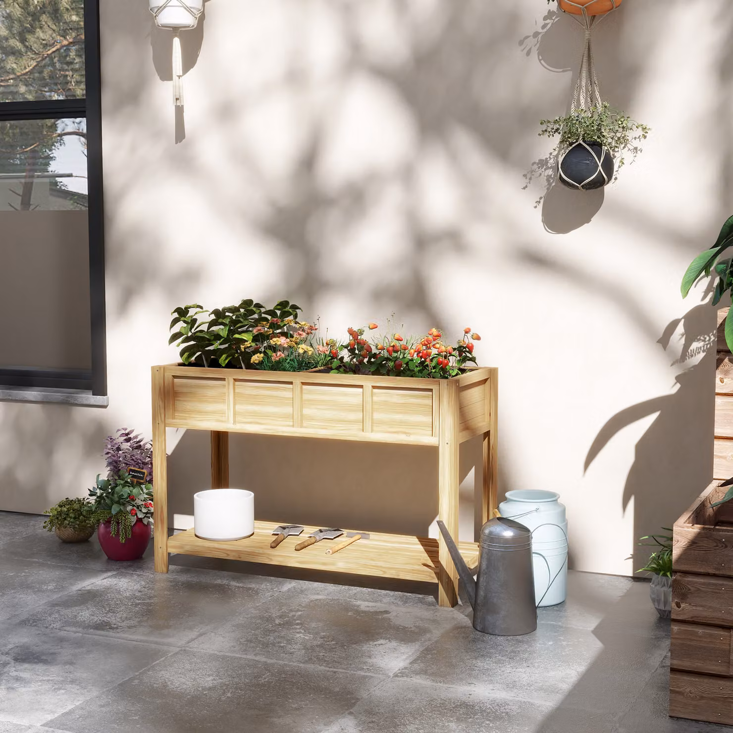 Fioriera Rialzata in Legno Outsunny con Ripiano Inferiore e Divisorio, Colore Marrone, L: 115 cm, P: 46 cm, H: 75 cm – 2