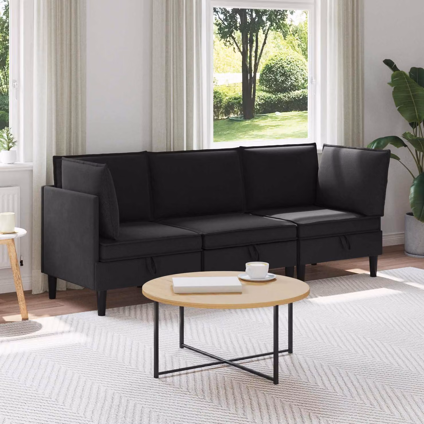 Set di mobili per il soggiorno vidaXL 3 pz moderno nero in tessuto con forma a L e orientamento destro